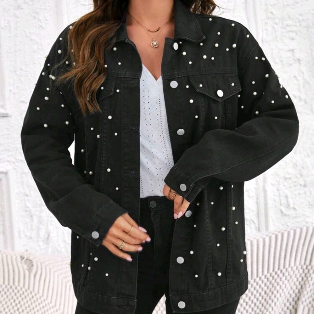 Pearl studded black jean jacket